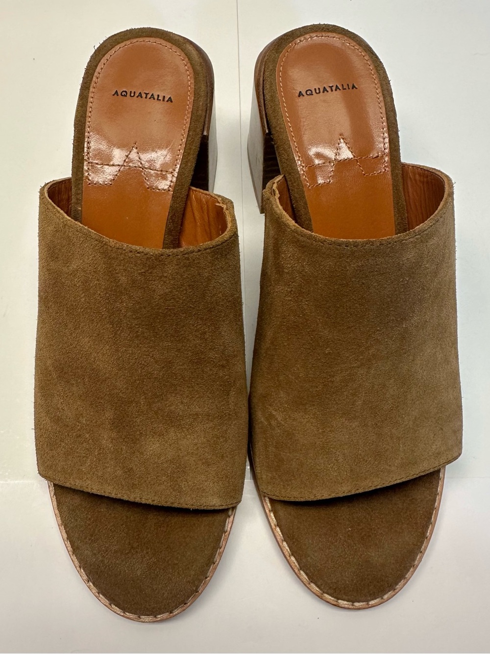 Aquatalia Brown Olive Suede Open-Toe Slide Mules